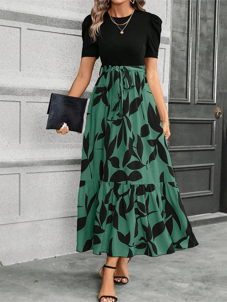 Elegant Floral Print Round Neck Long Dresses Women Short Sleeve High Waist Lace-up Office Lady Holiday Party Dresses Vestidos