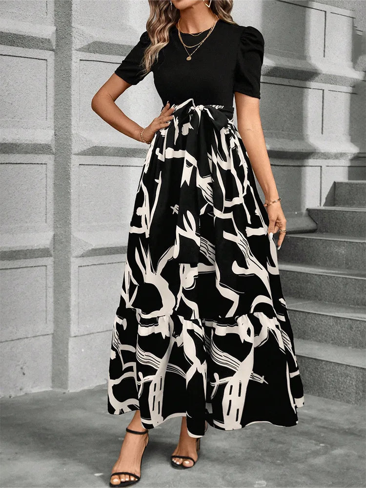 Elegant Floral Print Round Neck Long Dresses Women Short Sleeve High Waist Lace-up Office Lady Holiday Party Dresses Vestidos