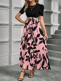 Elegant Floral Print Round Neck Long Dresses Women Short Sleeve High Waist Lace-up Office Lady Holiday Party Dresses Vestidos