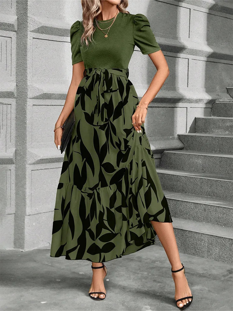 Elegant Floral Print Round Neck Long Dresses Women Short Sleeve High Waist Lace-up Office Lady Holiday Party Dresses Vestidos