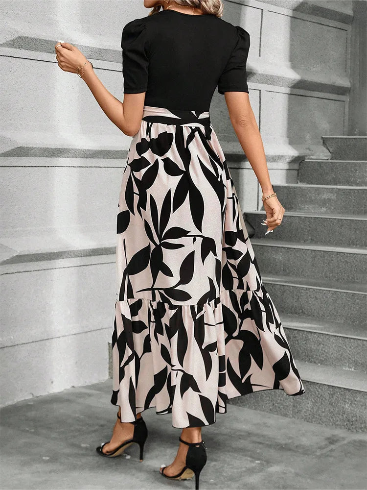 Elegant Floral Print Round Neck Long Dresses Women Short Sleeve High Waist Lace-up Office Lady Holiday Party Dresses Vestidos