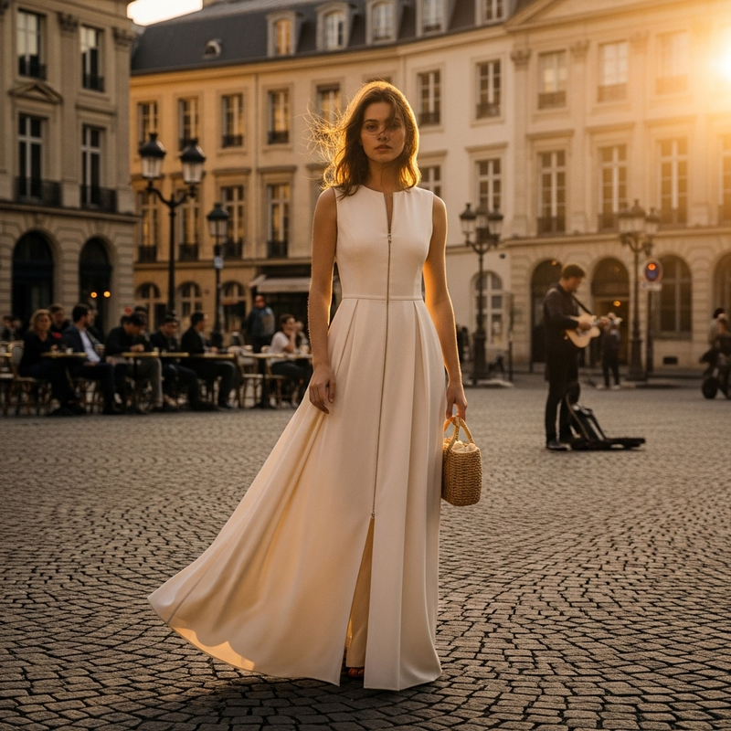 MUJER Zipper Long Dress Woman Pleated Sleeveless Bodycon Dress Summer Elegant Party Dresses For Women 2025 New Midi Dresses